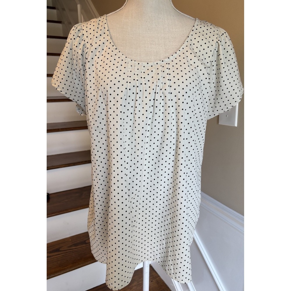 Motherhood Maternity Polka Dot Pleated Scoop Neck Blouse Cream Black‎ Large
